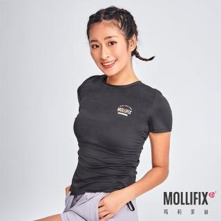 【Mollifix 瑪莉菲絲】側抽皺短袖訓練上衣、瑜珈上衣、瑜珈服(黑)