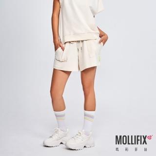 【Mollifix 瑪莉菲絲】刺繡抽繩短褲、瑜珈褲、訓練褲(米白)
