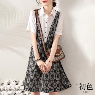 【初色】寬鬆休閒拼接襯衫領假兩件連衣裙洋裝-黑白色-66964(M-2XL可選)