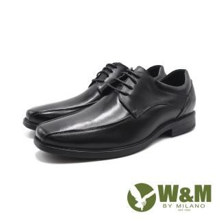 【W&M】男 圓方頭雙線條綁帶款皮鞋 男鞋(黑色)