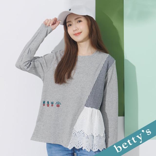 【betty’s 貝蒂思】拼接千鳥格蕾絲布上衣(灰色)