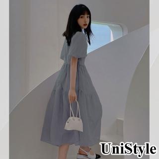 【UniStyle】現貨 短袖連身洋裝 復古清新泡泡袖 女 ZM131-2258(灰藍)