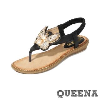 【QUEENA】坡跟涼鞋 T字涼鞋/波西米亞民族風華麗美鑽蝴蝶釦飾T字坡跟涼鞋(黑)