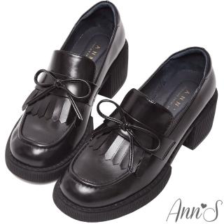 【Ann’S】重返時光-復古油皮流蘇蝴蝶結厚底粗跟樂福鞋5cm-版型偏小(黑)
