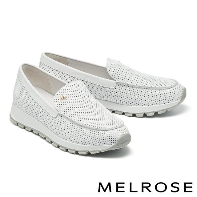 【MELROSE】簡約質感M字金屬飾釦全真皮厚底休閒鞋(白)