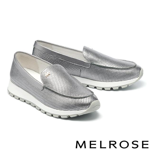 【MELROSE】簡約質感M字金屬飾釦全真皮厚底休閒鞋(銀)