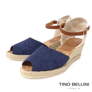 【TINO BELLINI 貝里尼】西班牙進口牛麂皮露趾麻邊楔型涼鞋FSNT004(藍)