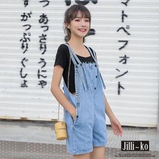 【JILLI-KO】設計款寬鬆顯瘦黑扣牛仔吊帶短褲-F(藍)