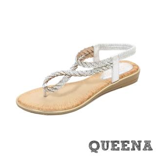 【QUEENA】坡跟涼鞋 夾腳涼鞋/波西米亞民族風美鑽編織繞繩設計夾腳坡跟涼鞋(銀)