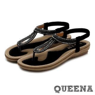 【QUEENA】平底涼鞋 編織涼鞋/波西米亞民族風簡約編織造型平底涼鞋(黑)