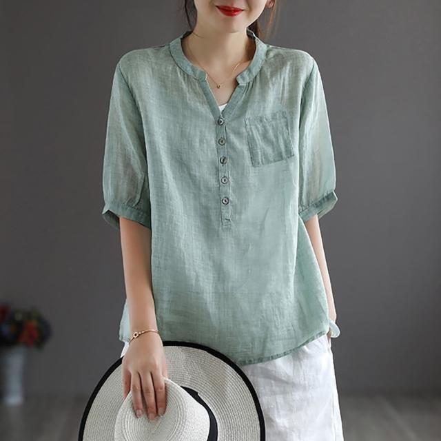 【JILLI-KO】慢生活-文藝純色休閒寬鬆棉麻襯衫-F(藍/淺綠)