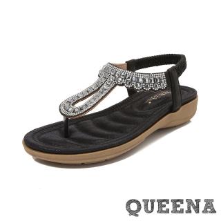 【QUEENA】坡跟涼鞋 夾腳涼鞋/華麗水鑽宮廷風夾腳坡跟涼鞋(黑)