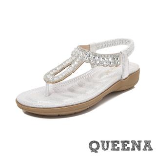 【QUEENA】坡跟涼鞋 夾腳涼鞋/華麗水鑽宮廷風夾腳坡跟涼鞋(銀)