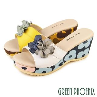 【GREEN PHOENIX 波兒德】女 拖鞋 厚底 楔型 全真皮 輕量 花朵 台灣製(黃色、白色)