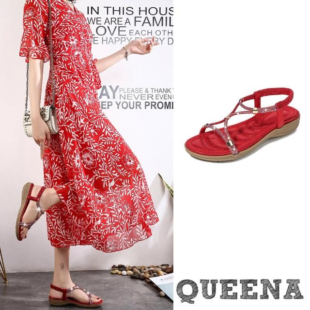 【QUEENA】坡跟涼鞋/閃耀極簡鑽繩線條造型坡跟涼鞋(紅)