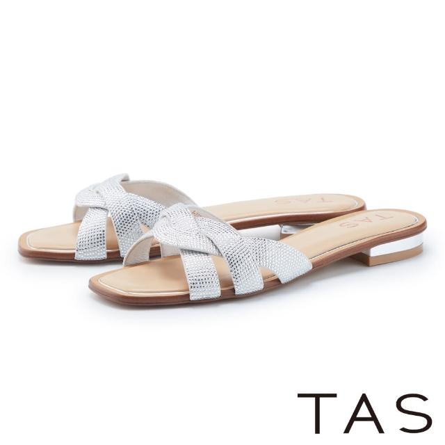 【TAS】羊麂皮編織水鑽條低跟拖鞋(白色)