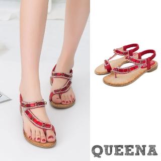 【QUEENA】坡跟涼鞋 美鑽涼鞋/波西米亞民族風華麗方晶美鑽線條造型坡跟涼鞋(紅)
