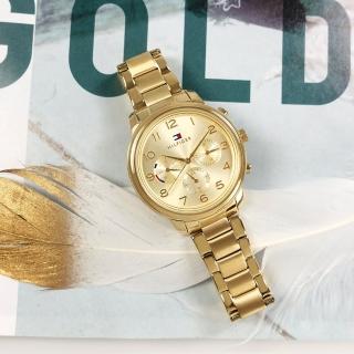 【Tommy Hilfiger】三眼三針 簡約迷人 礦石強化玻璃 星期日期 不鏽鋼手錶 鍍金 38mm(1782525)