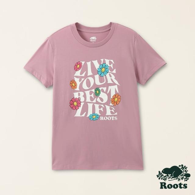 【Roots】Roots女裝-擁抱真我系列 文字設計有機棉短袖T恤(蘭花粉)