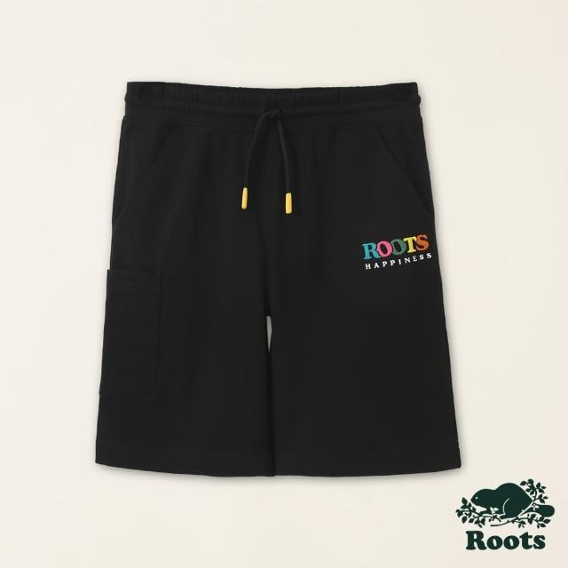 【Roots】Roots大童-擁抱真我系列 彩色刺繡文字有機棉五分短褲(黑色)