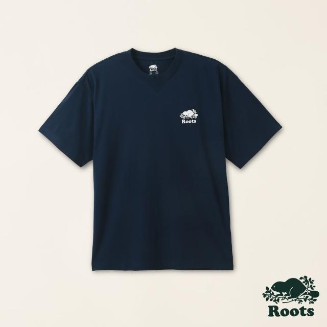 【Roots】Roots男女共款-擁抱真我系列 彩色文字有機棉短袖T恤(深藍色)