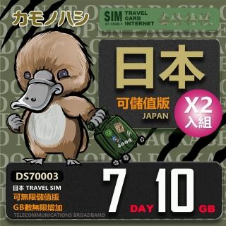 【鴨嘴獸 旅遊網卡】雙人行優惠 Travel Sim 日本7天 10GB 網卡 2入組(漫遊卡 日本上網 日本網卡)