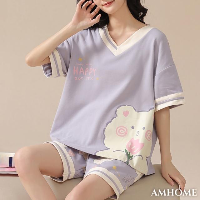 【Amhome】甜姐兒睡衣純棉ins風卡通休閒V領短袖短褲家居服兩件式套裝#117577(紫)