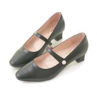 【amai】真皮珍珠小方頭粗跟鞋 中跟鞋 尖頭跟鞋 瑪麗珍 瑪莉珍 真皮 時尚 大尺碼 J12-68BK(黑色)