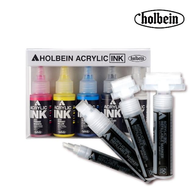 【HOLBEIN好賓】液態壓克力墨水顏料5色組(含專用麥克筆4入)