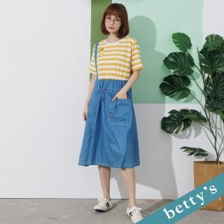 【betty’s 貝蒂思】條紋拼接抽繩開衩短袖洋裝(淺黃)