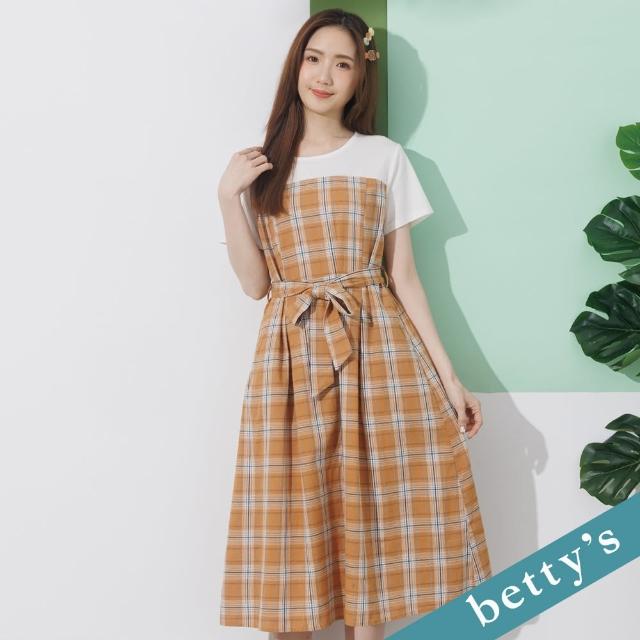 【betty’s 貝蒂思】格紋拼接綁帶洋裝(深橘)