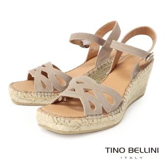 【TINO BELLINI 貝里尼】西班牙進口牛麂皮蝶型簍空麻編楔型涼鞋FSOV008(米)