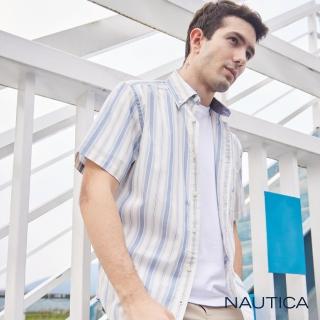 【NAUTICA】男裝 清新直條紋短袖襯衫(白色)
