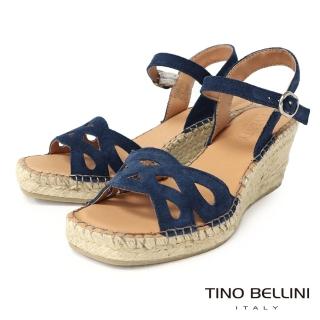 【TINO BELLINI 貝里尼】西班牙進口牛麂皮蝶型簍空麻編楔型涼鞋FSOV008(藍)
