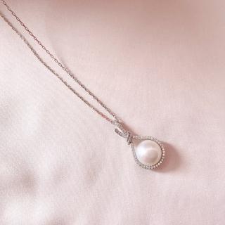【Elegant 珍愛宣言】福袋造型天然珍珠亮鑽純銀項鍊(討喜招財的福袋造型項鍊)