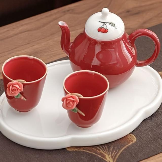 【JEN】日式輕奢紅色純手工捏花一壺二杯托盤茶具組