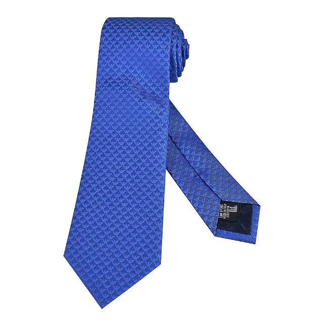 【EMPORIO ARMANI】EMPORIO ARMANI標籤LOGO印花老鷹搭條紋設計桑蠶絲領帶(寬版/寶藍)