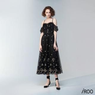【iROO】黑色繡花網馬甲式洋裝