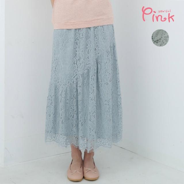 【PINK NEW GIRL】浪漫蕾絲鏤空雕花鬆緊腰長裙 L5602WD(2色)