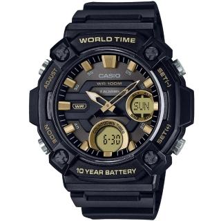 【CASIO 卡西歐】休閒簡約雙顯運動樹脂腕錶/黑x黃指針(AEQ-120W-9A)