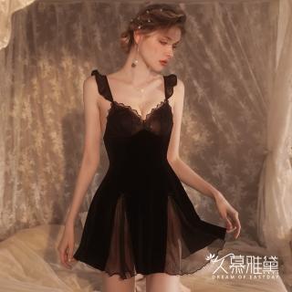 【久慕雅黛】花邊蕾絲法式浪漫絲絨吊帶裙。黑色(性感睡衣)
