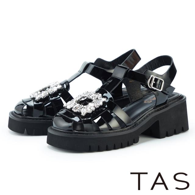 【TAS】方鑽飾釦編織漆皮厚底涼鞋(黑色)