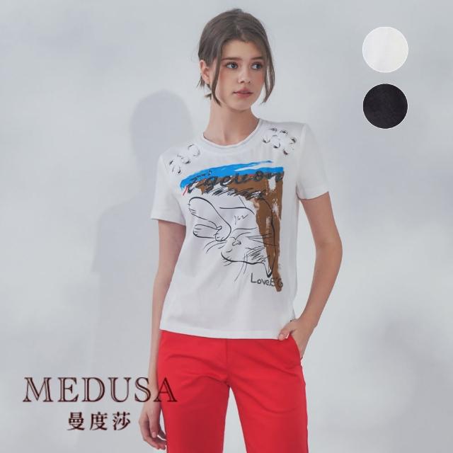 【MEDUSA 曼度莎】現貨-肩部綁帶貓咪印圖T恤 - 2色（M-2L）｜女上衣 女短袖上衣 女T恤(105-74201)