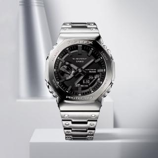 【CASIO 卡西歐】G-SHOCK 八角 全金屬版 太陽能藍芽連線雙顯手錶-銀 畢業禮物(GM-B2100D-1A)