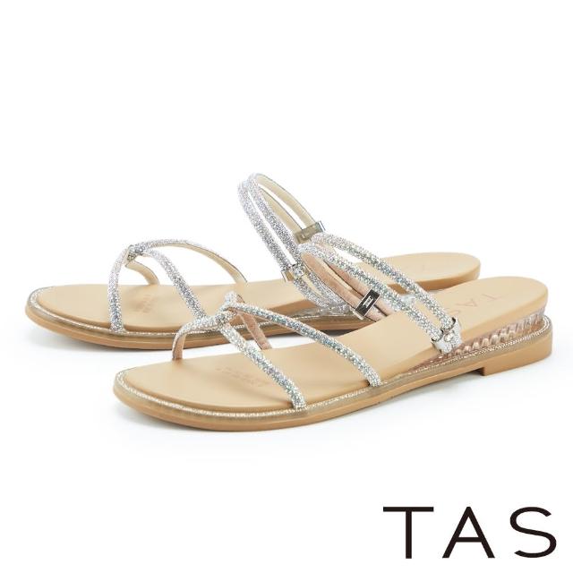【TAS】水鑽條細版線條楔型拖鞋(銀色)