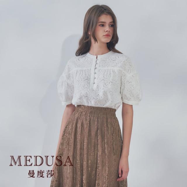 【MEDUSA 曼度莎】現貨-燒花蕾絲圓蓬袖上衣（M-XL）｜女上衣 女短袖上衣 白上衣(101-76301)