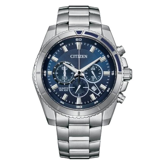【CITIZEN 星辰】紳士三眼計時不鏽鋼時尚腕錶 藍面 44mm(AN8201-57L)