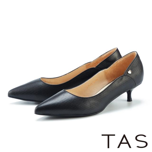 【TAS】簡約氣質壓紋牛皮尖頭中跟鞋(黑色)