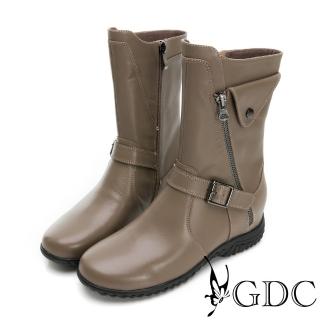 【GDC】真皮率性側拉鍊舒適中筒機車楔型靴-卡其色(228561-14)