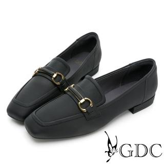 【GDC】韓系基本金屬釦舒適平底真皮樂福鞋-黑色(224460-00)